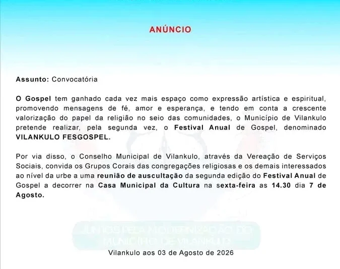 VILANKULO PREPARA A SEGUNDA EDIÇÃO DO FESTIVAL GOSPEL E CONVOCA IGREJAS PARA REUNIÃO DE ORGANIZAÇÃO
