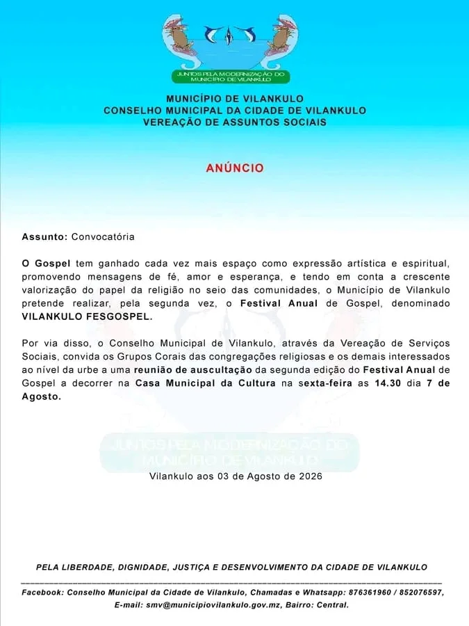 VILANKULO PREPARA A SEGUNDA EDIÇÃO DO FESTIVAL GOSPEL E CONVOCA IGREJAS PARA REUNIÃO DE ORGANIZAÇÃO